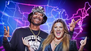 Snoop Dogg and Kelly Clarkson stand in front of a neon-colored map of the United States of America in the American Song Contest Key Art