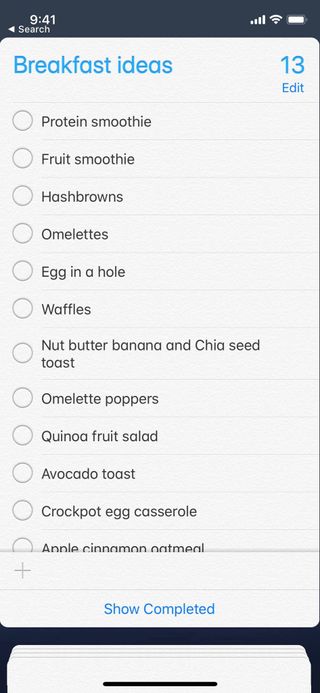 Screenshot of Breakfast ideas reminders list