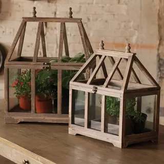 Two wooden houseplant terrariums