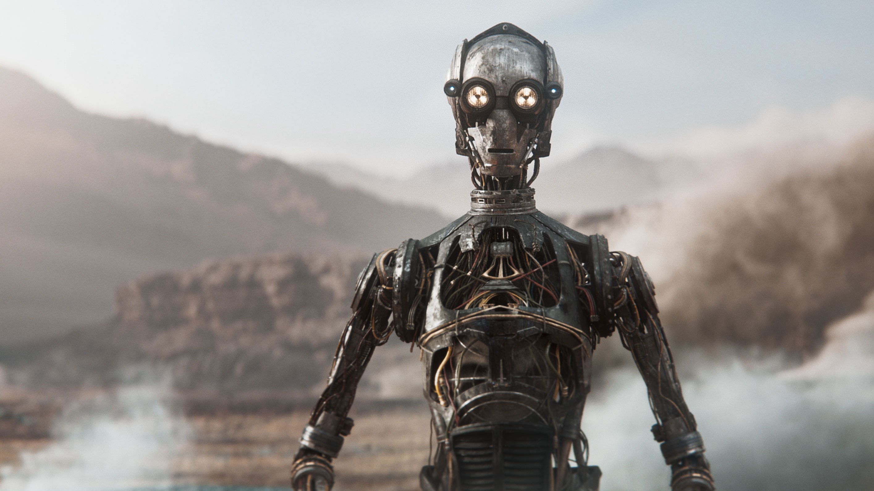 A droid looks across a desolate environment