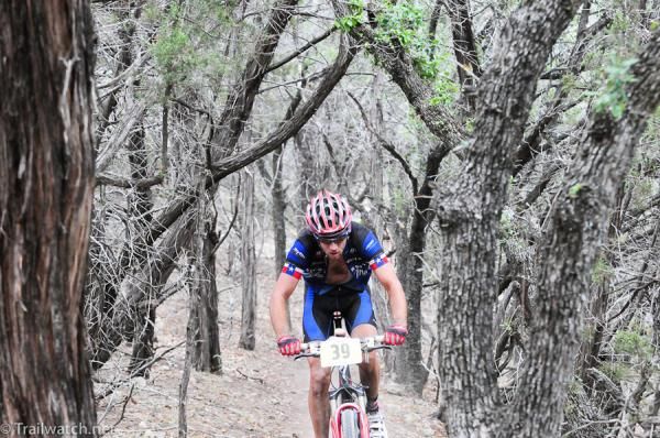 A rider makes his way through some mesquite trees