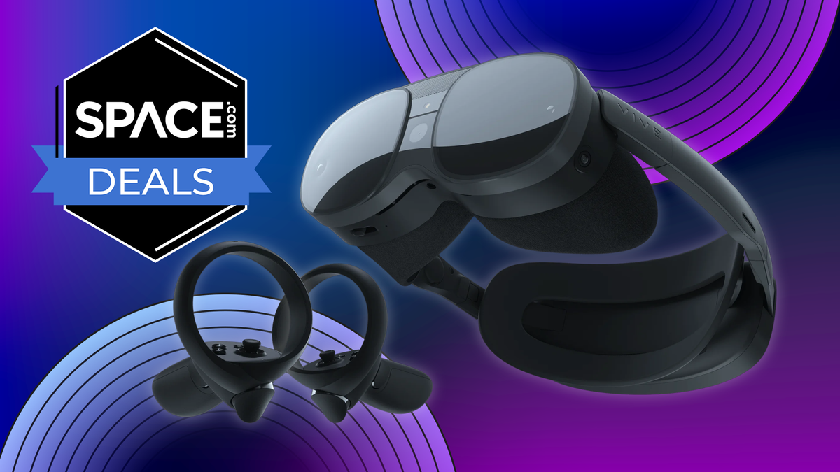 HTC Vive XR Elite headset on a purple background with a &#039;Space Deals&#039; badge