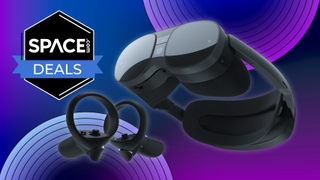 HTC Vive XR Elite headset on a purple background with a 'Space Deals' badge