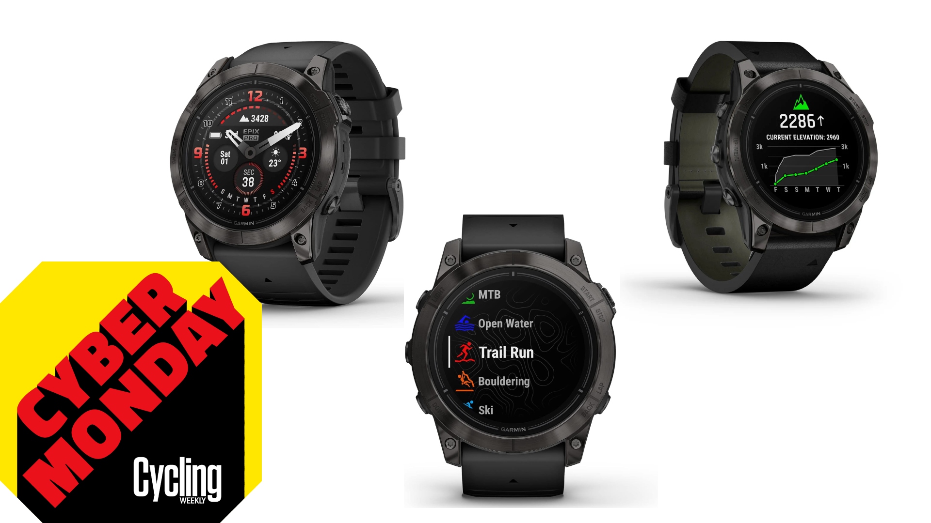 The Garmin Epix Pro (Gen 2) shown with three different faces and a Cyber Monday deal square
