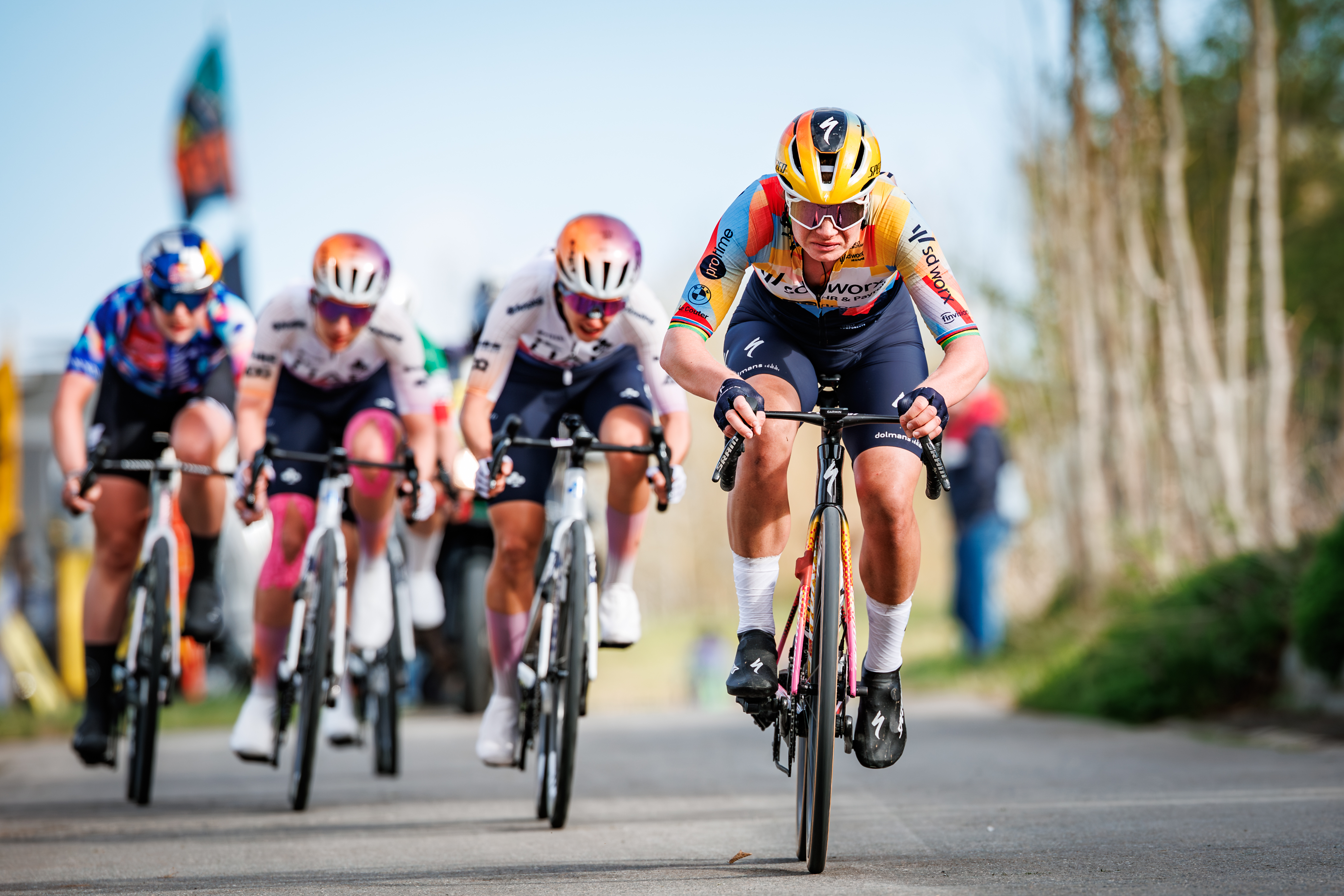 ANTWERP, BELGIUM - APRIL 5: Zoe Backstedt of CANYON SRAM zondacrypto of Great Britain, Karlijn Swinkels of UAE Team ADQ of Netherlands, Silvia Persico of UAE Team ADQ of Italy, Lotte Kopecky of Team SD Worx - Protime of Belgium during the match between Ronde van Vlaanderenn v Women Elite at the Antwerp on April 5, 2026 in Antwerp Belgium (Photo by Pim Waslander/Soccrates/Getty Images)