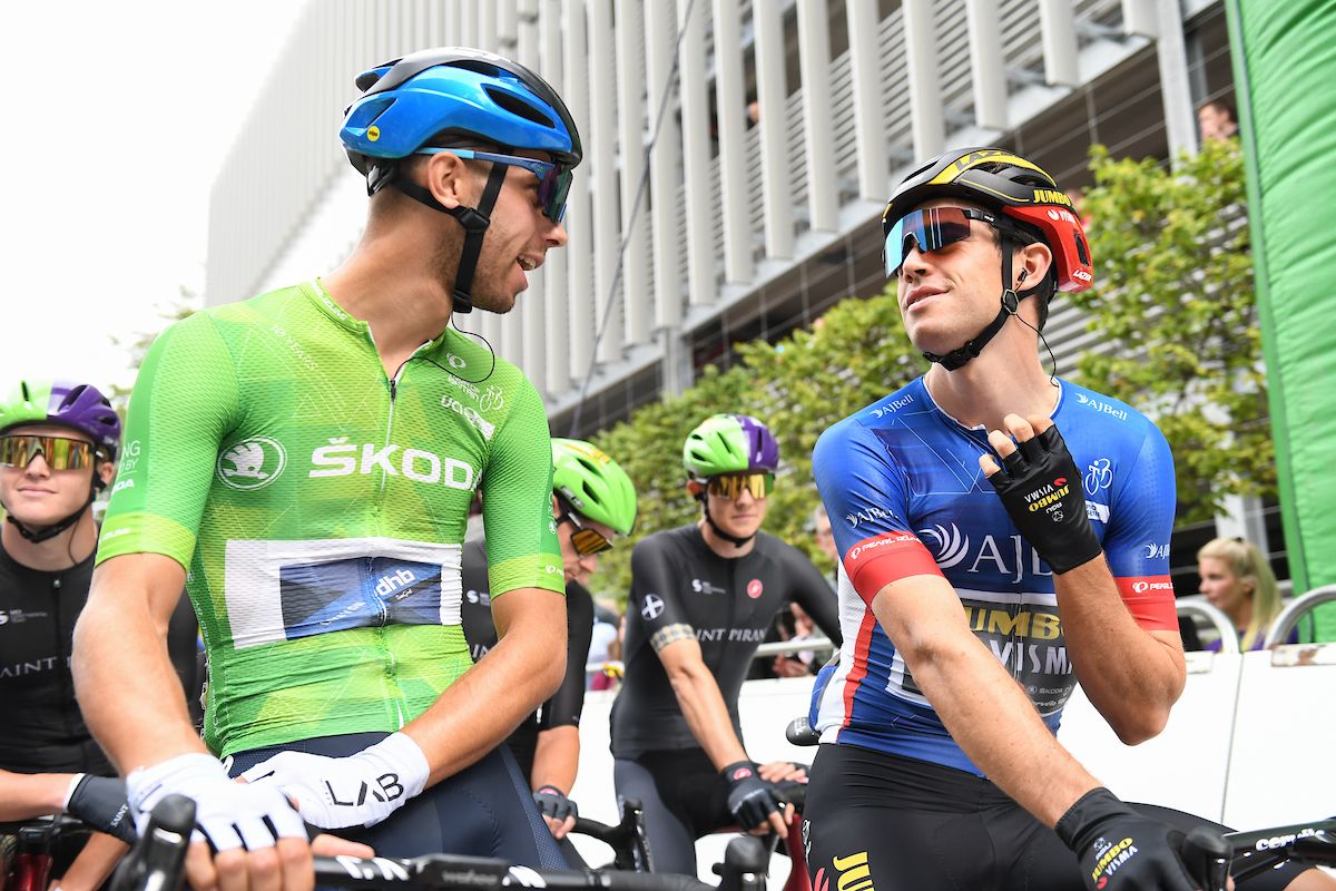 Picture by SWpix.com - 09/09/2021 - Cycling - AJ Bell Tour of Britain Stage 5 - Alderley Park to Warrington, England - Wout van Aert of Team Jumbo Visma (Wearing the Overall Race Leader&acirc;s Jersey) speaks to Jacob Scott of Canyon dhb SunGod (Wearing the &Aring;&nbsp;KODA King of the Mountains Jersey) before the start of stage five