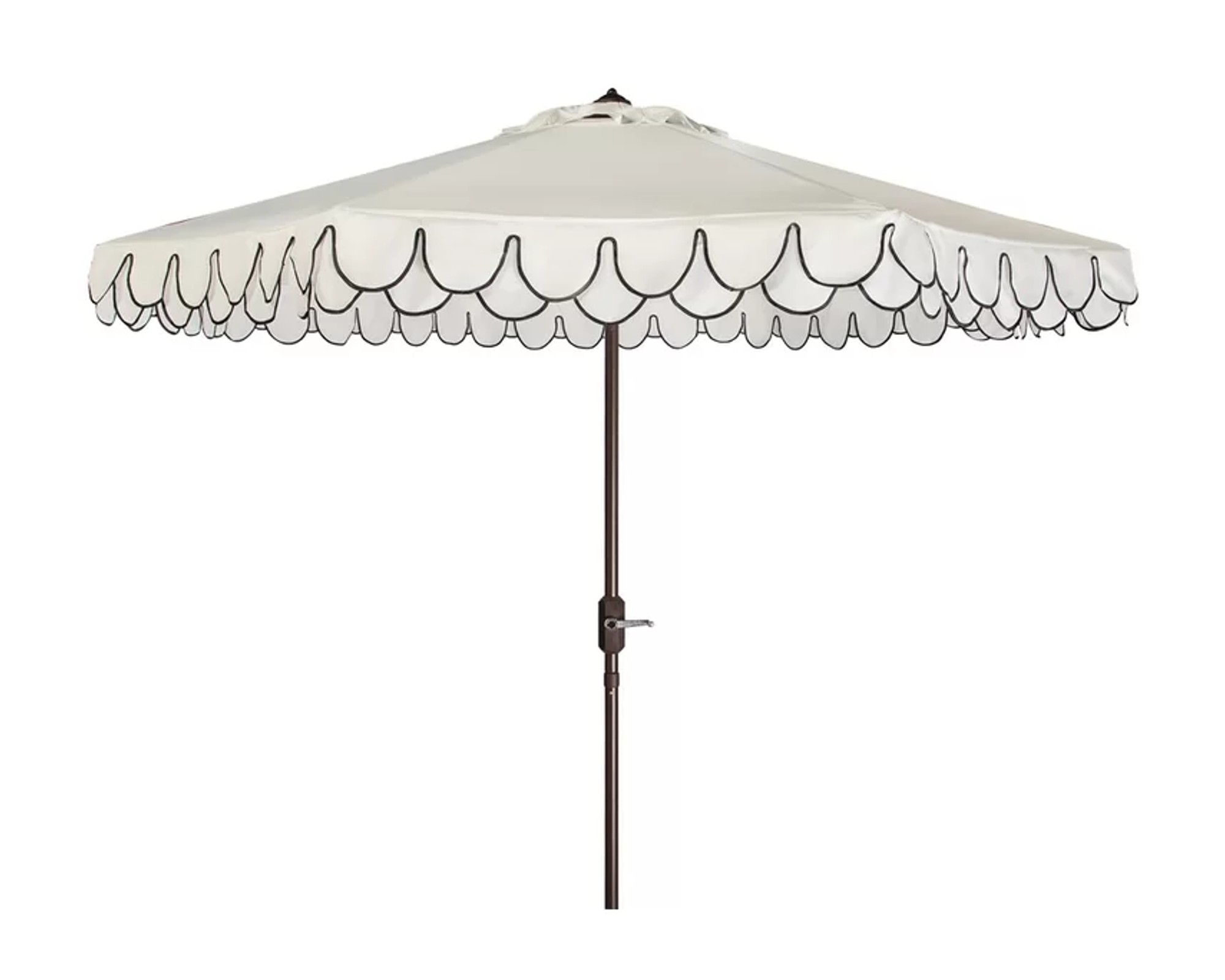 A decorative patio umbrella with scalloped edges