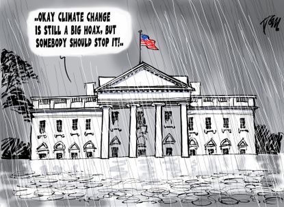 Political cartoon U.S. Harvey climate change White House hoax