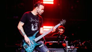 Chris Wolstenholme of Muse performs at the Muse Will of the People Tour 2023 held at Madison Square Garden on March 17, 2023 in New York City.