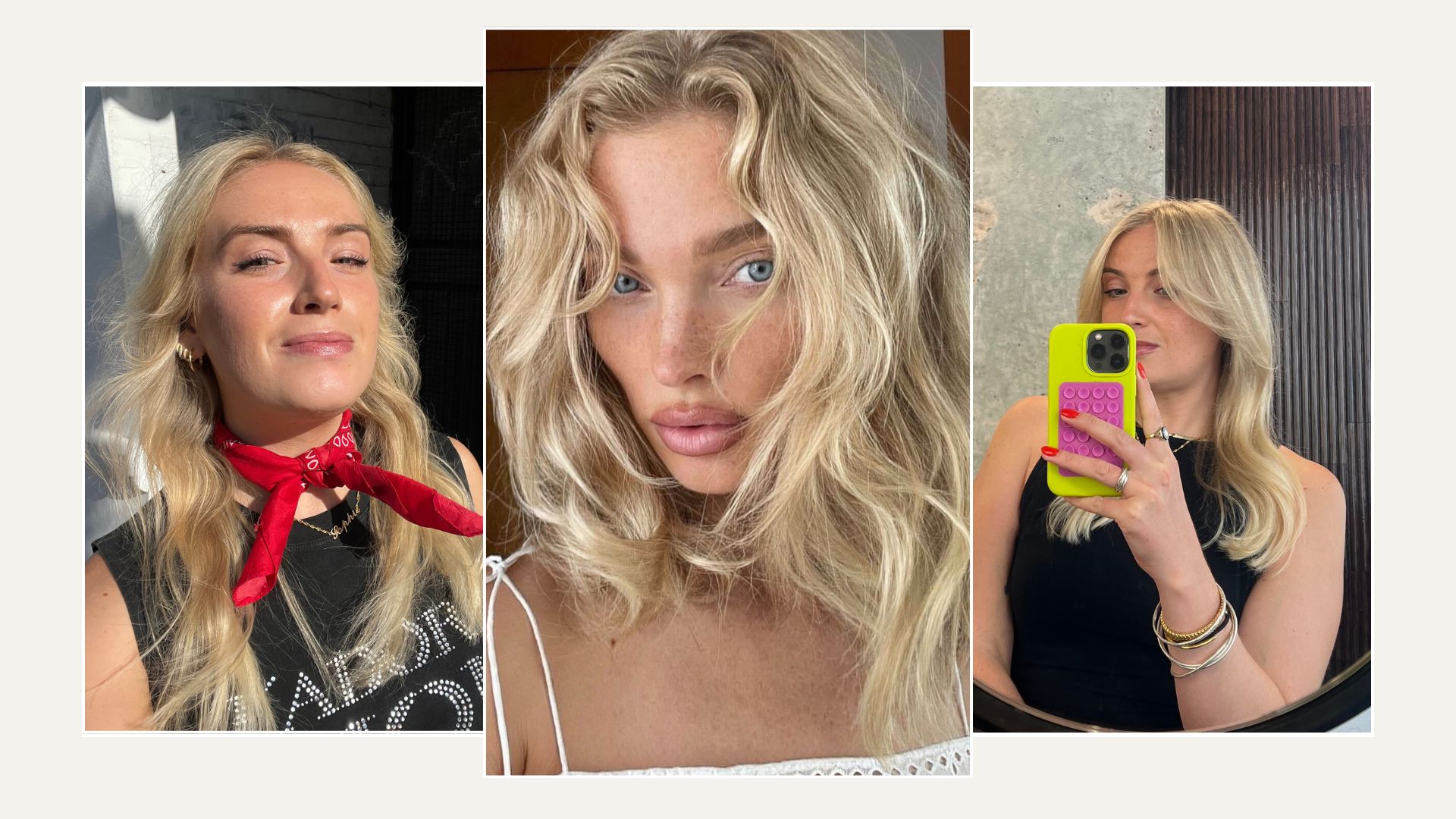 A collage with Elsa Hosk with blonde hair, and Sophie Cookson replicating the hair colour look