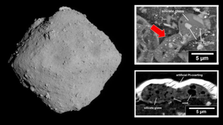 (Main) the asteriod Ryugu. (Inset top) A melt splash from the surface of Ryugu (inset bottom) a CT slice of the melt showing voids