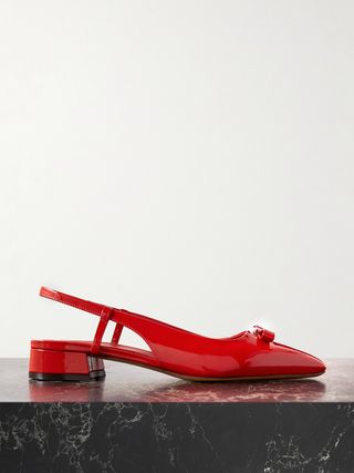 Marlina Bow-Embellished Patent-Leather Slingback Flats