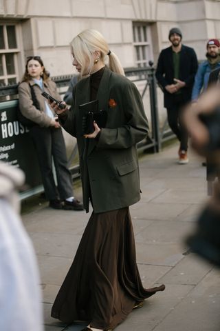 brown and olive outfit in London