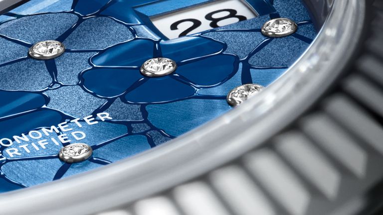Close up of the blue floral Rolex Datejust dial