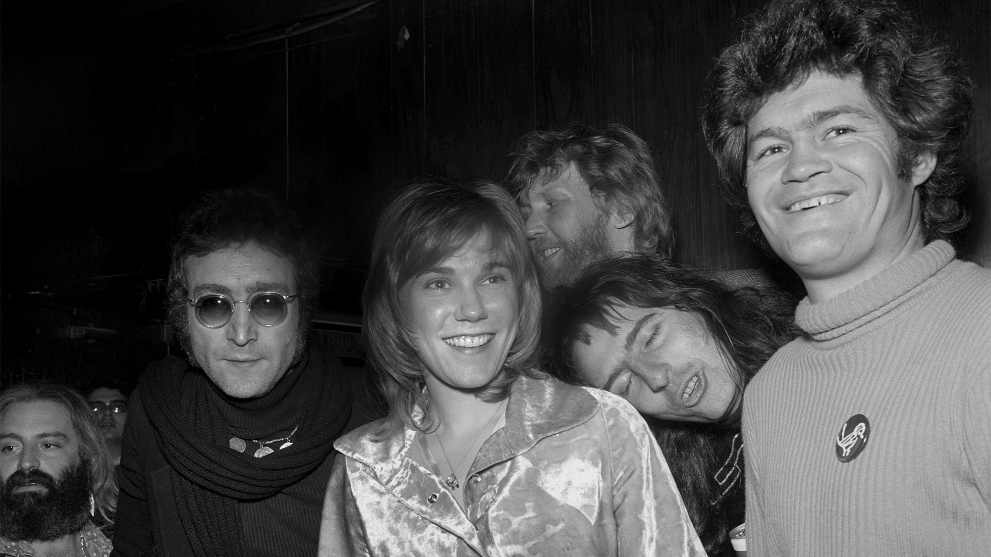Drinking buddies known as 'The Hollywood Vampires: (from left) Howard Kaylan, John Lennon, Anne Murray, Harry Nilsson, Alice Cooper and Micky Dolenz at the Troubadour on November 21, 1973 in Los Angeles