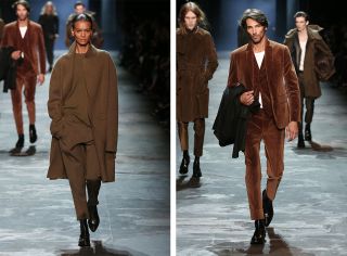A front on view of the same catwalk but different models predominantly wearing brown clothing