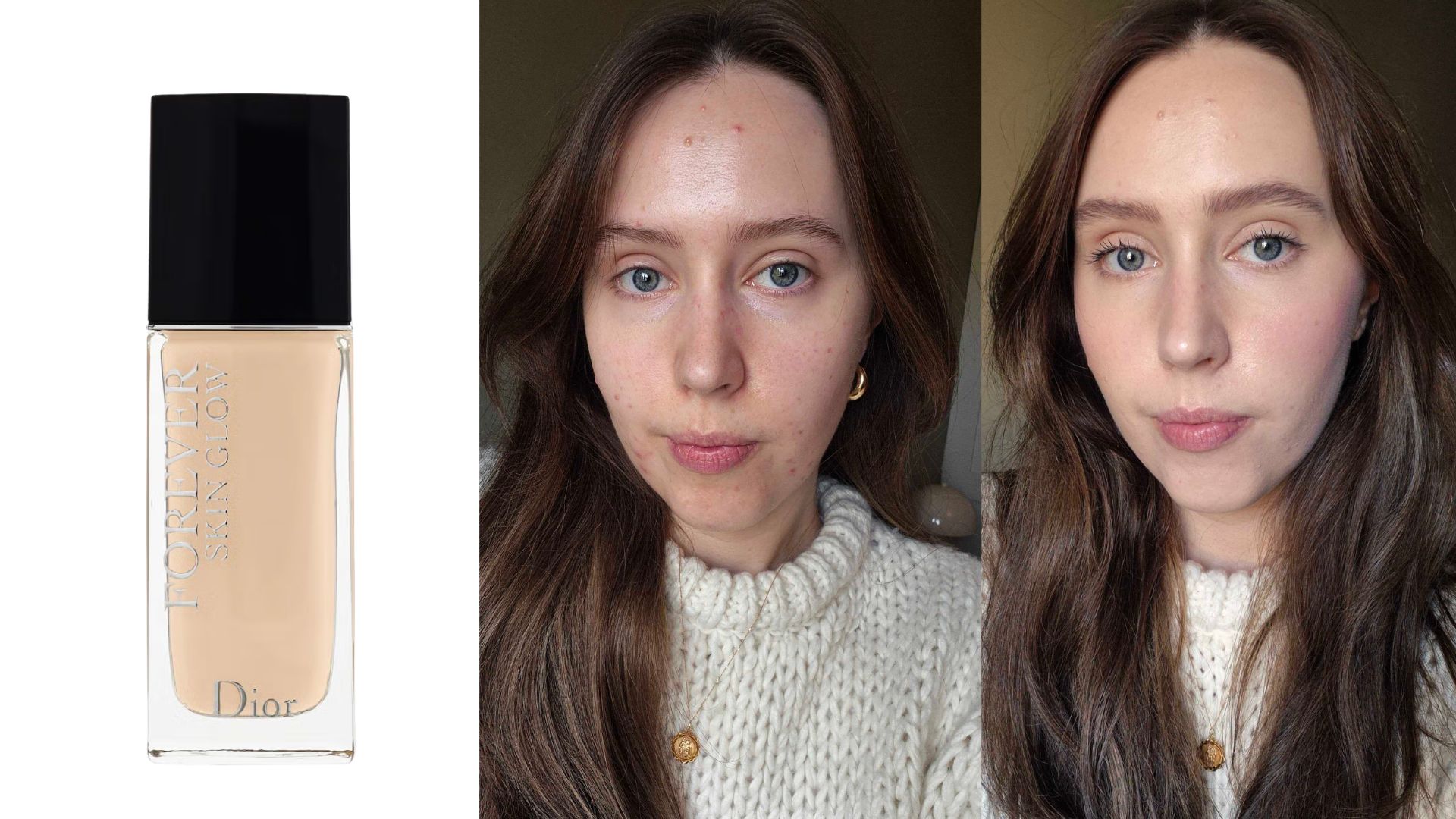 a bottle of Dior Forever Skin Glow foundation next to images of beauty writer Naomi Jamieson before and after applying the foundation