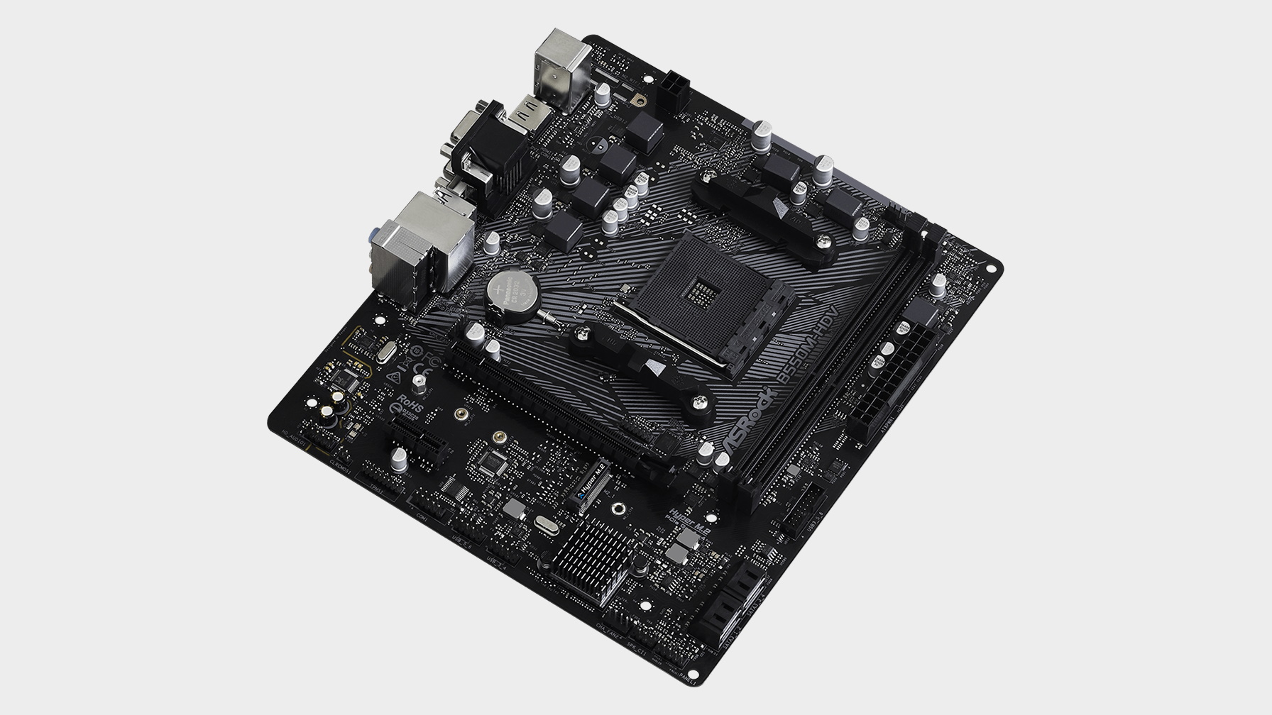 Image of an ASRock B550M-HDV motherboard on a grey background