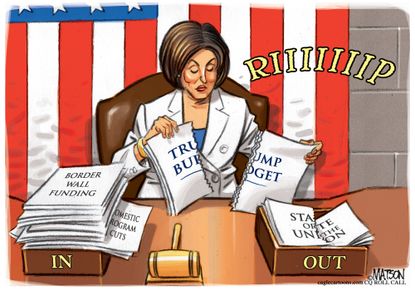 Political Cartoon U.S. Pelosi Trump budget rip