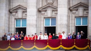 LONDON, UNITED KINGDOM - 2023/05/06: King Charles III, Queen Camilla and The Royal Family stand on the balcony of Buckingham Palace during The Coronation of King Charles III and Queen Camilla in London.