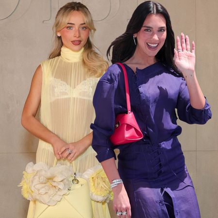 collage of celebrities wearing the colorful summer bag trend