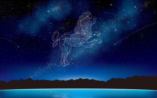 Graphic illustration of the constellation Leo in the night sky, surrounded by stars.