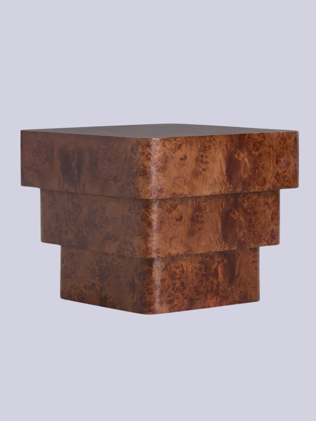 A stacked-style burl wood side table