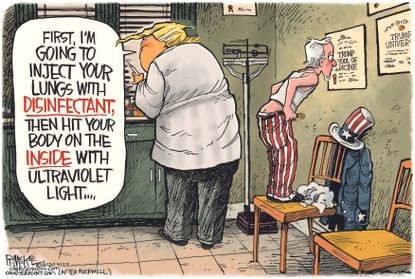 Political Cartoon U.S. Trump Uncle Sam coronavirus bleach disinfectant norman rockwell