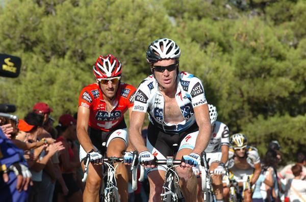 Saxo Bank teammates Stuart O'Grady and Fabian Cancellara push on up the final climb of stage nine
