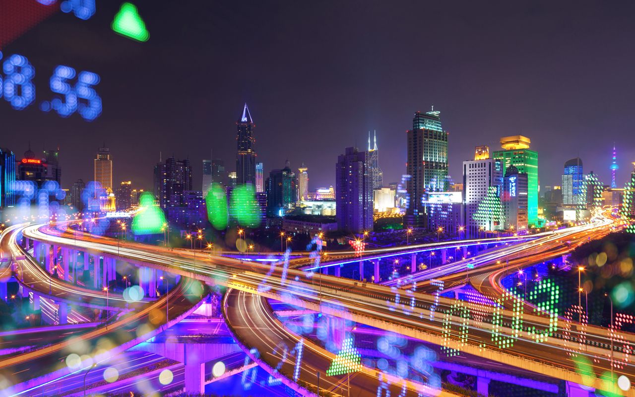 Display stock numbers and shanghai skyline background