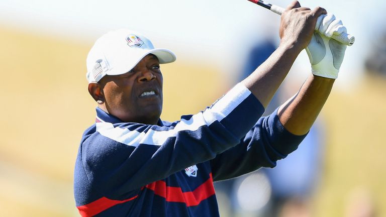 Samuel L Jackson takes a shot during the celebrity matches before the 2018 Ryder Cup in Paris