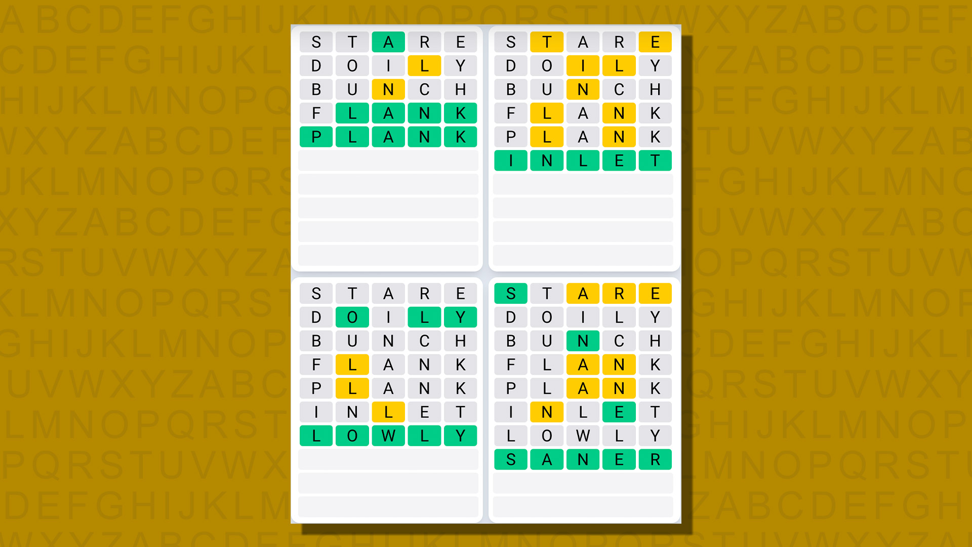 Quordle daily sequence answers for game 714 on a yellow background