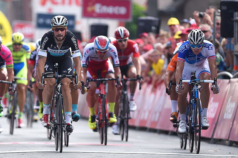 Tom Boonen outsprints Arnaud D&eacute;mare (FDJ) and Elia Viviani (Team Sky) during stage 3 of the Eneco Tour.
