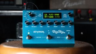 A photo of a Strymon BigSky MX pedal in a studio setting