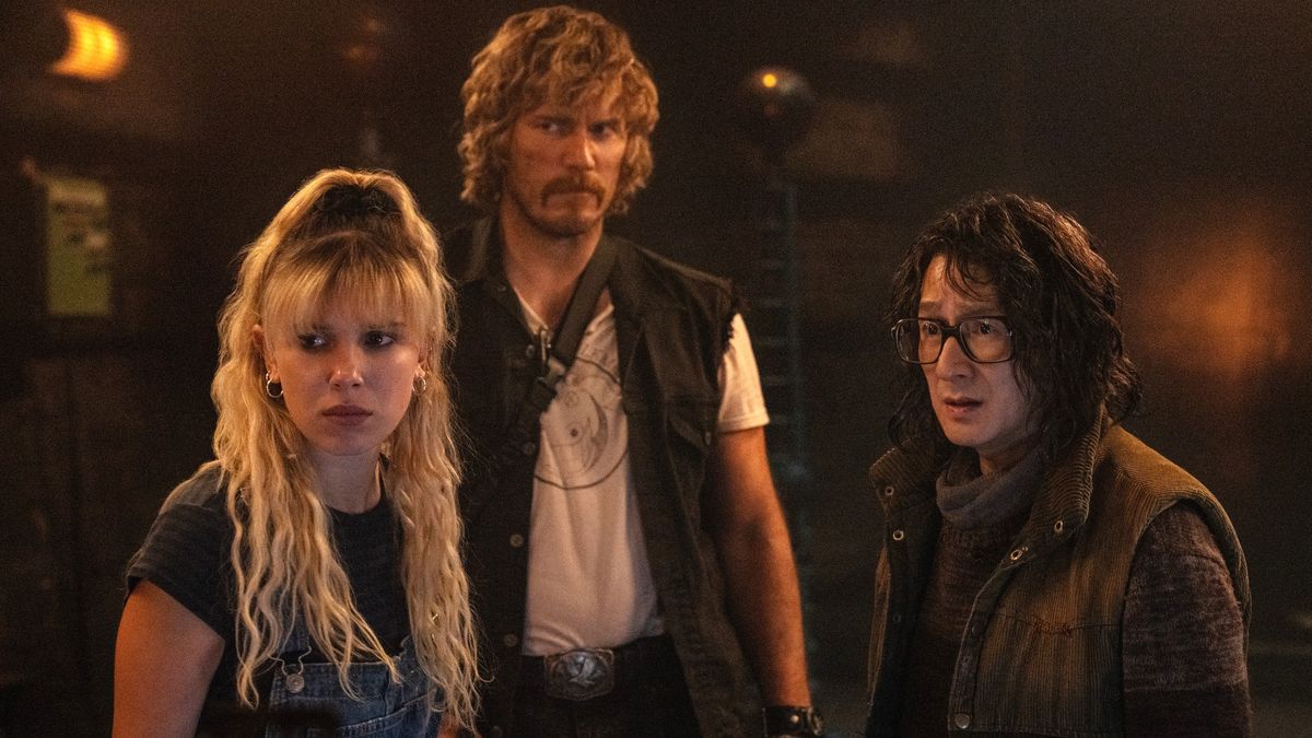 (L-R): Millie Bobby Brown, Chris Pratt and Ke Huy Quan in &quot;The Electric State&quot; on Netflix.