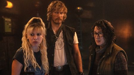 (L-R): Millie Bobby Brown, Chris Pratt and Ke Huy Quan in "The Electric State" on Netflix.