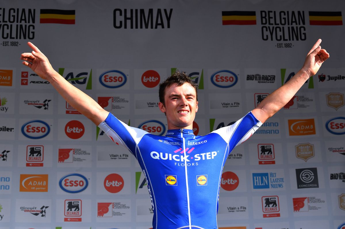 Yves Lampaert can't contain his joy on the podium