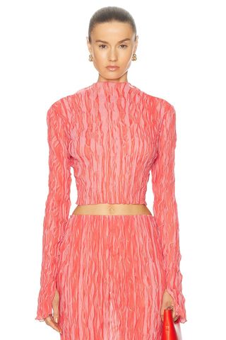 Pleated Georgette Long Sleeve High Neck Top