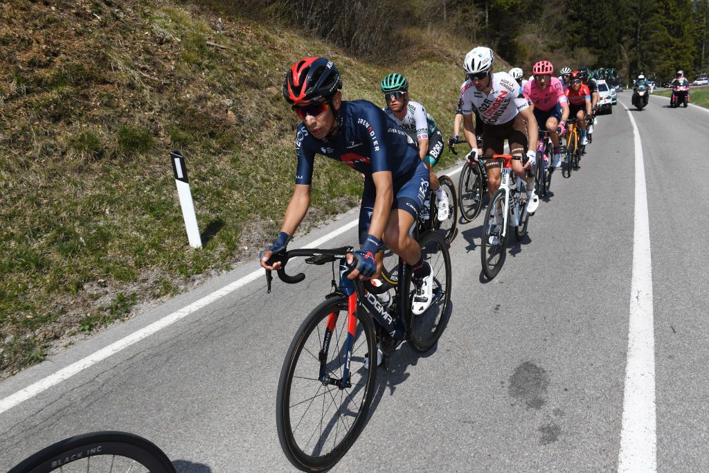 RIVA DEL GARDA ITALY APRIL 23 Ivan Ramiro Sosa Cuervo of Colombia and Team INEOS Grenadiers in the Breakaway during the 44th Tour of the Alps 2021 Stage 5 a 1209km stage from Valle del Chiese Idroland to Riva del Garda TourofTheAlps TouroftheAlps on April 23 2021 in Riva del Garda Italy Photo by Tim de WaeleGetty Images