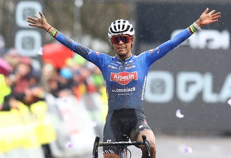 Dutch Ceylin Del Carmen Alvarado celebrates as she crosses the finish line to win the women elite race of the Superprestige Gullegem, 7th stage (out of 8) in the Superprestige cyclocross cycling competition, in Gullegem, Saturday 07 January 2023. BELGA PHOTO DAVID PINTENS (Photo by David PINTENS / BELGA MAG / Belga via AFP) (Photo by DAVID PINTENS/BELGA MAG/AFP via Getty Images)
