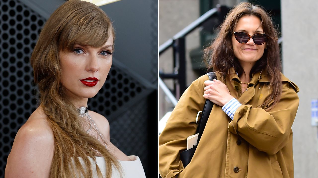 A collage of Taylor Swift and Katie Holmes to illustrate a news story about Taylor and Katie wearing the same loafers