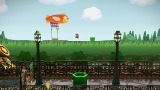 A screenshot from Paper Mario: The Thousand-Year Door showing Mario jumping in the background
