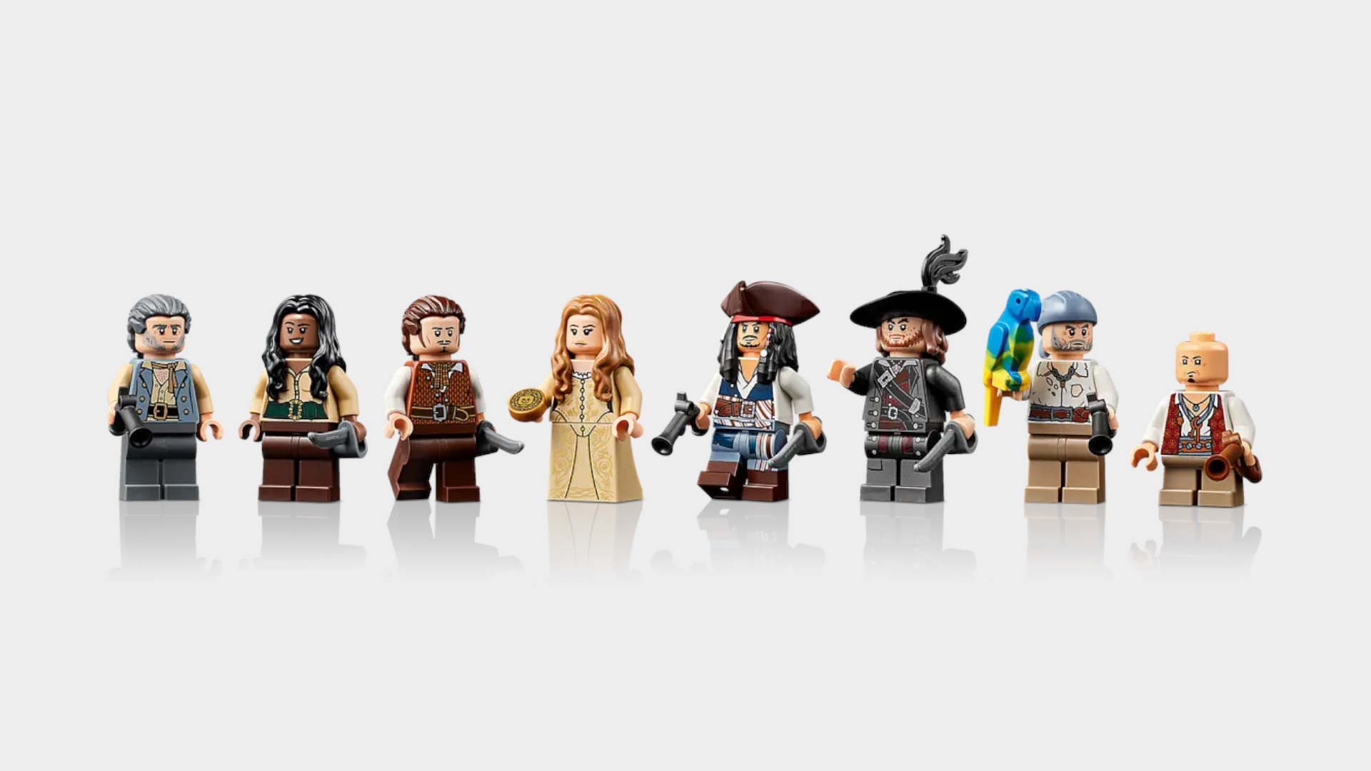 Lego Captain Jack Sparrow's Pirate Ship minifigures lined up against a plain background