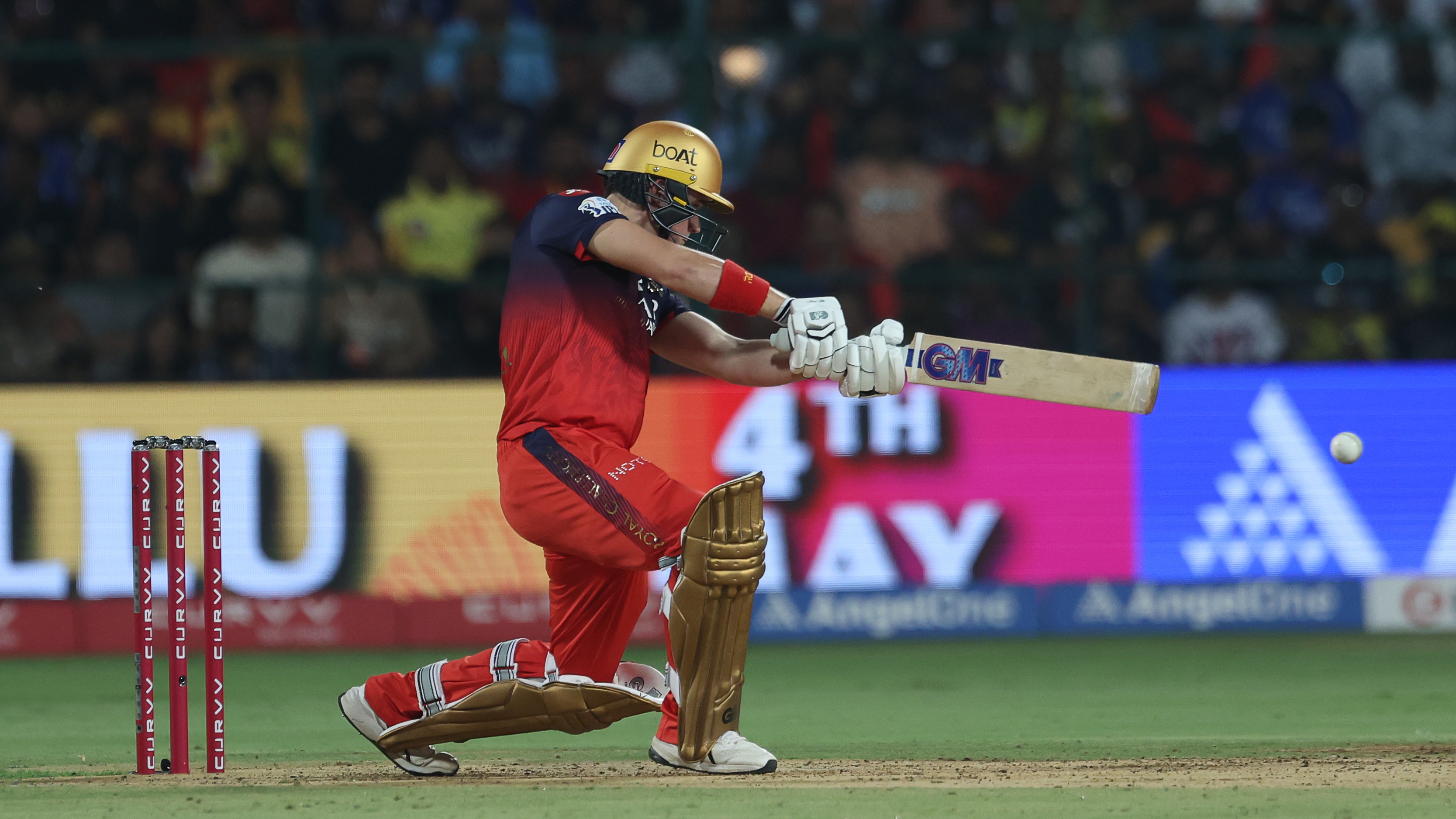 Jacob Bethell of Royal Challengers Bengaluru play a shot during the 2025 IPL match between Royal Challengers Bengaluru and Chennai Super Kings at M Chinnaswamy Stadium on May 3, 2025, in Bengaluru, India.