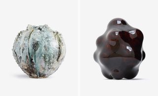 Left: A stoneware, porcelain jar with rugged edges in moon blue colour. Right: A purple bubble-like object.