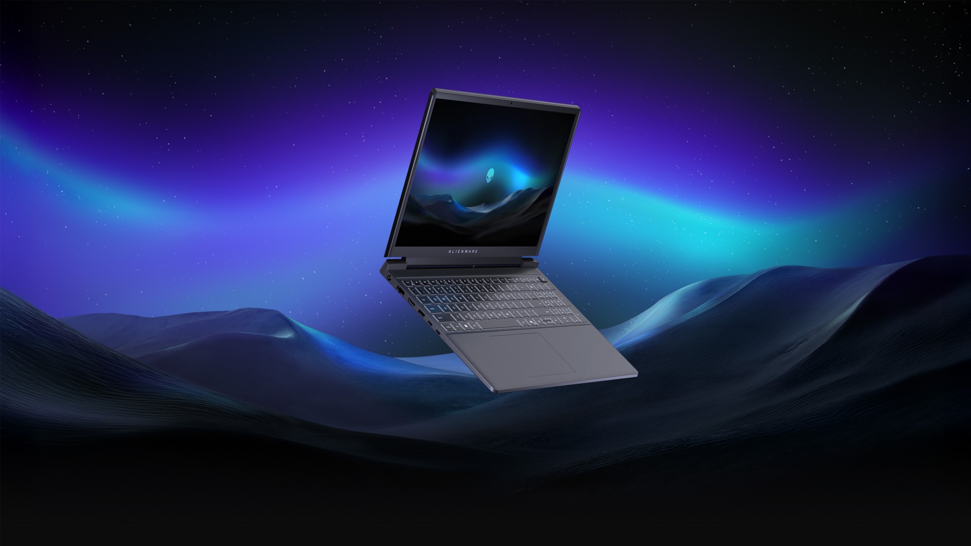 Alienware Entry-Level laptop open on a purple background