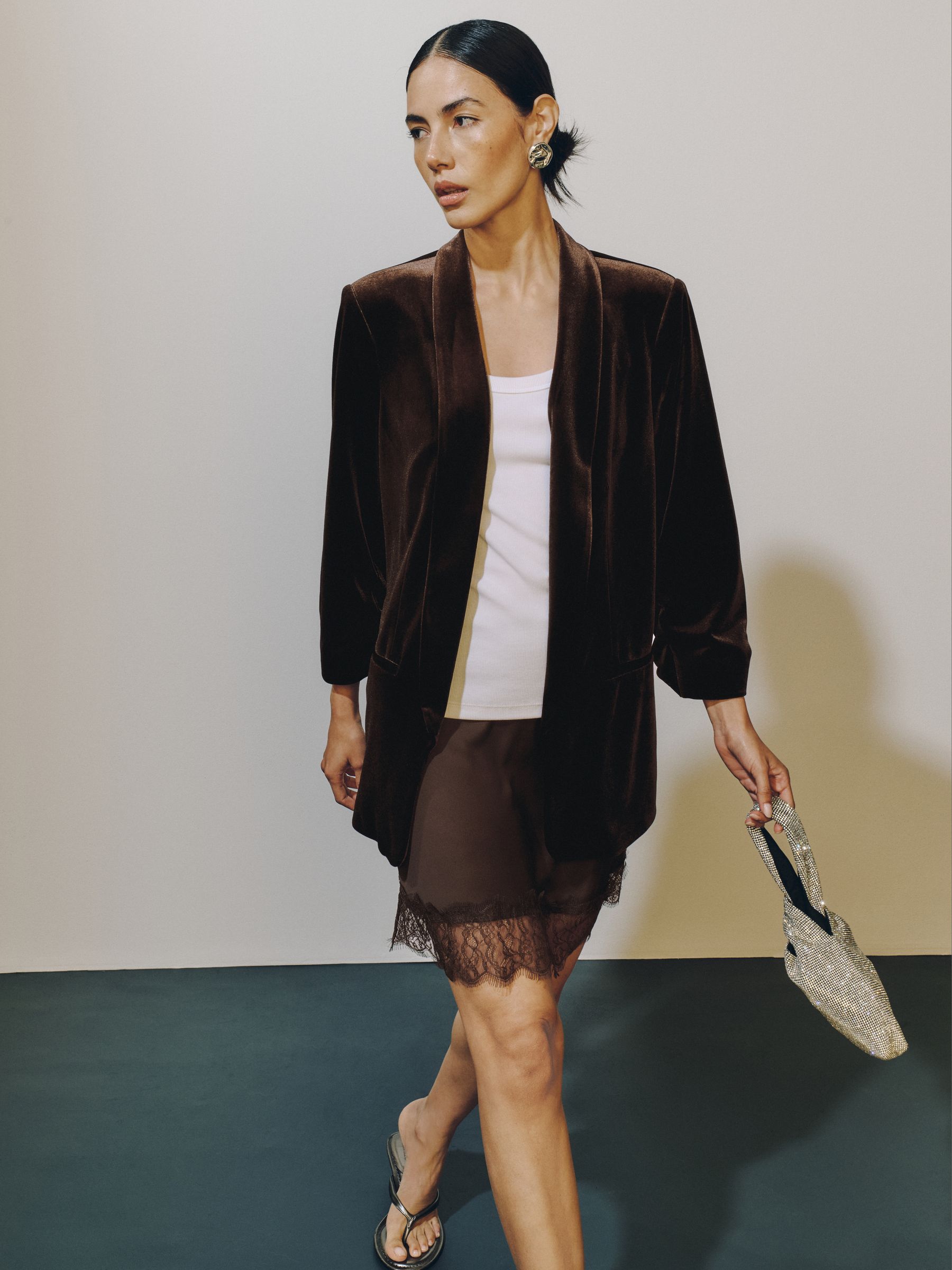 Chocolate Brown Velvet Relaxed Ruched Sleeve Blazer - Size 6