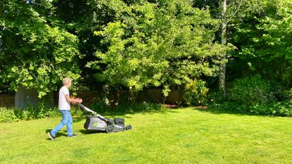 Mowing a lawn with Ego mower