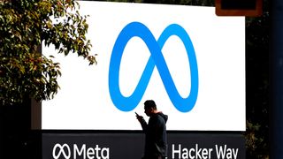 Meta logo and branding pictured on a sign at the One Hacker Way headquarters in Menlo Park, California.