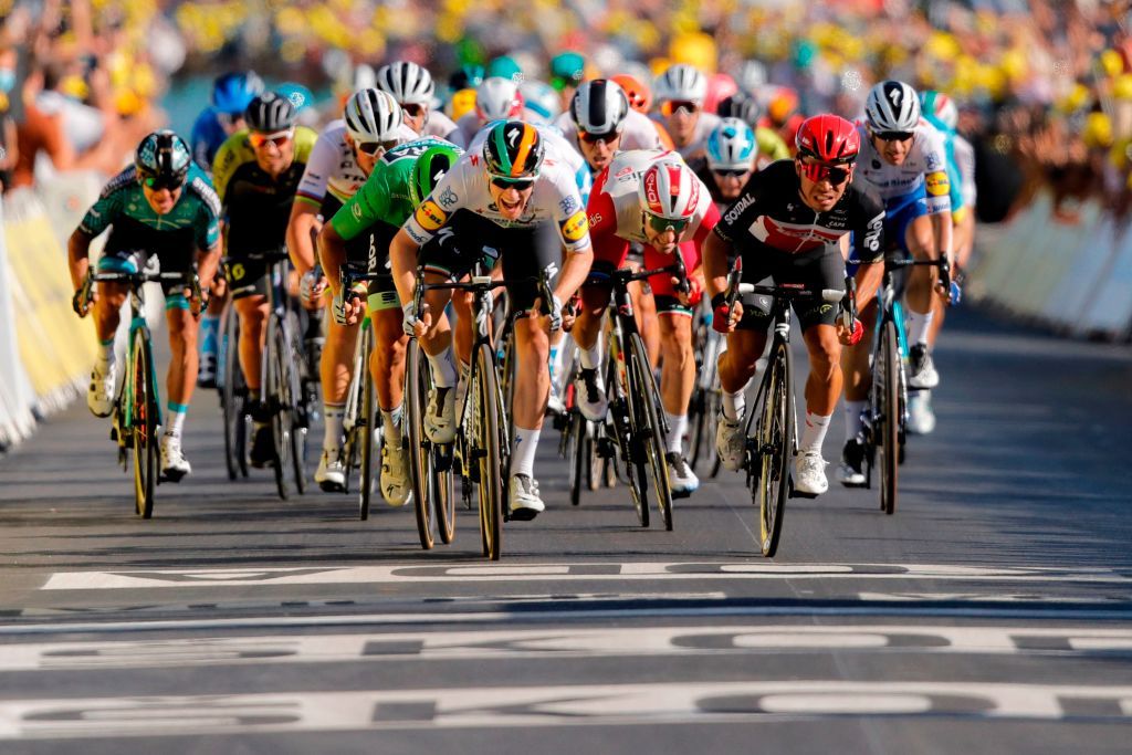 Sam Bennett (Deceuninck-Quickstep) beats Caleb Ewan and Peter Sagan to the line on stage 10 of the 2020 Tour de France
